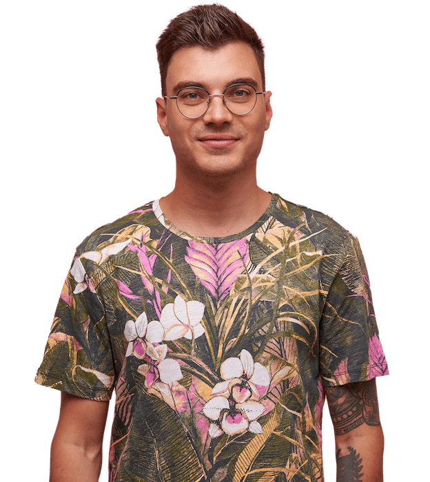 young man in flowered shirt