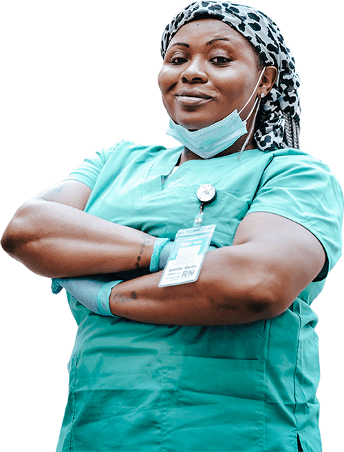 nurse stands with arms folded