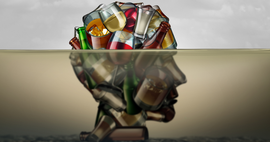 Illustration of a person's head, but made up like a sculpture with beer bottles, wine glasses and liquor glasses.