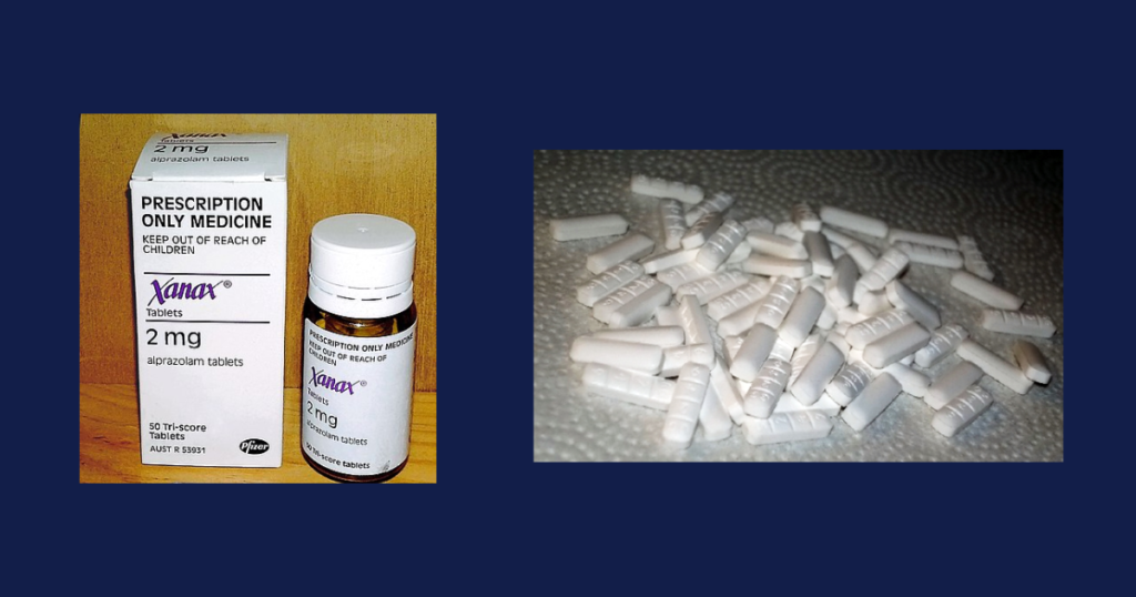Xanax prescription bottle and pile of pills.