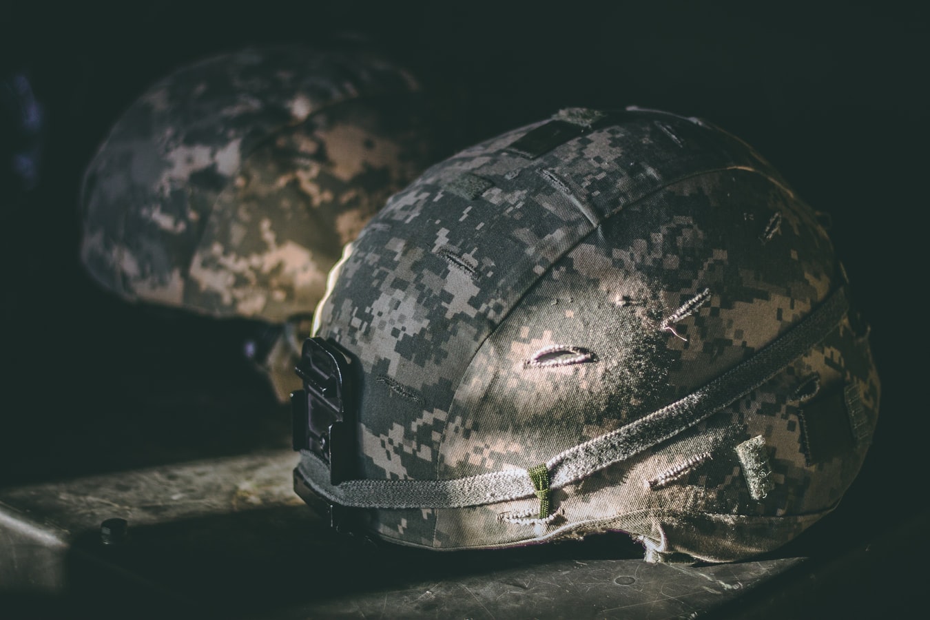 Helmets used by members of the U.S. military. Some veterans struggle with a dual diagnosis that includes substance abuse