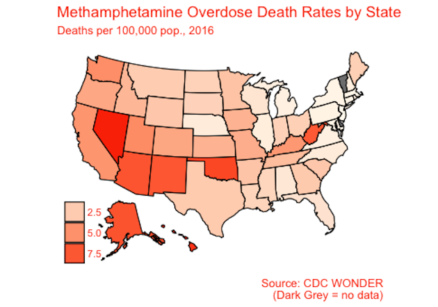 A chart of the United States showing overdose death rates due to Meth.