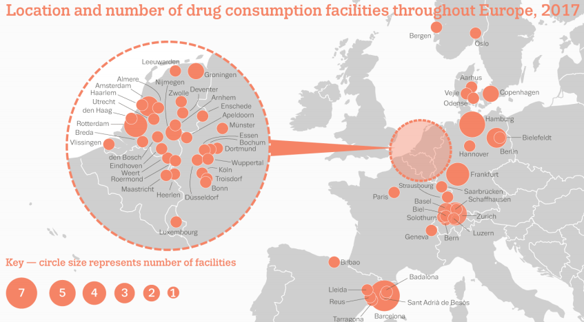 A map showing the location and number of drug consumption facilities throughout Europe.