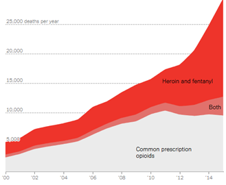 A visual graph depicting the high amount of deaths per year caused by heroin.