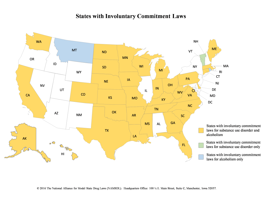 A map showing states with involuntary commitment laws