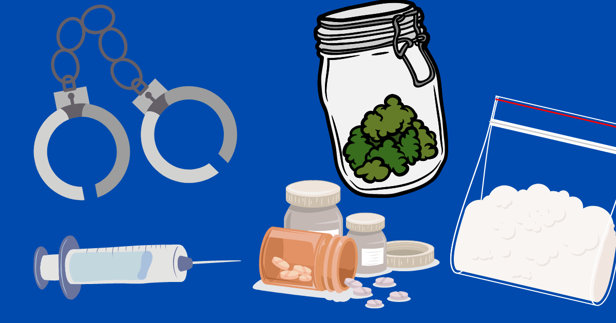 Illustration showing handcuffs, a needle, pill bottles, a jar of cannabis and ziplock bag of cocaine.