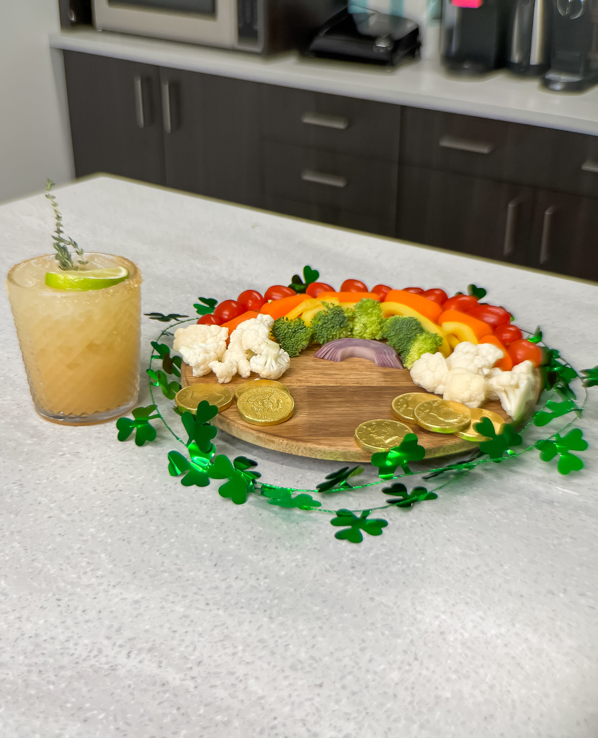 non-alcoholic drink with food on a board