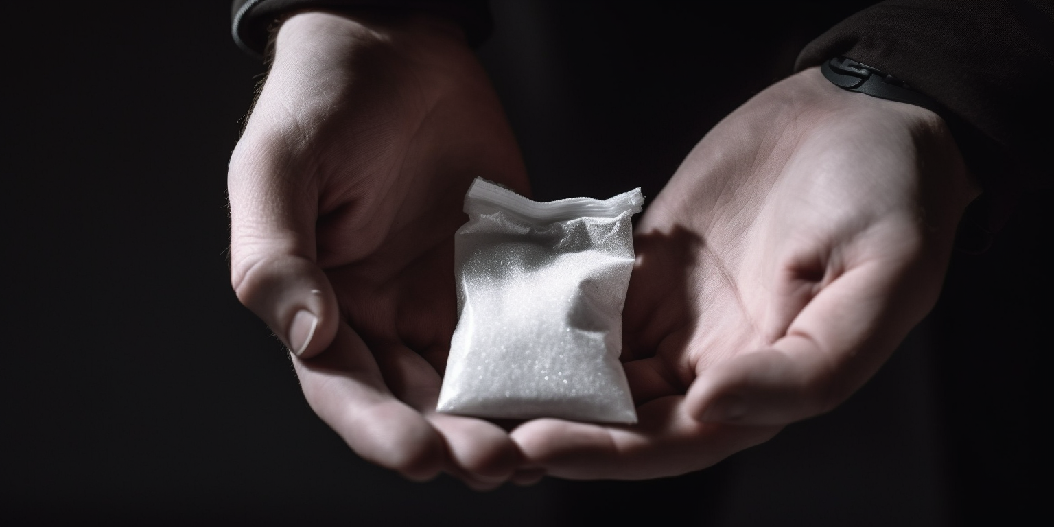 hands holding a small bag of mephedrone