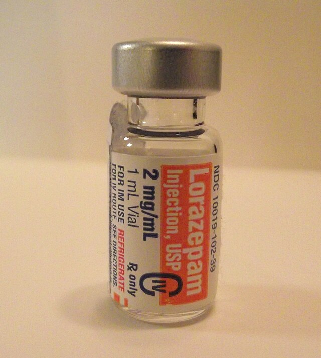 a bottle of lorazepam, a common benzodiazepine used to treat seizures.