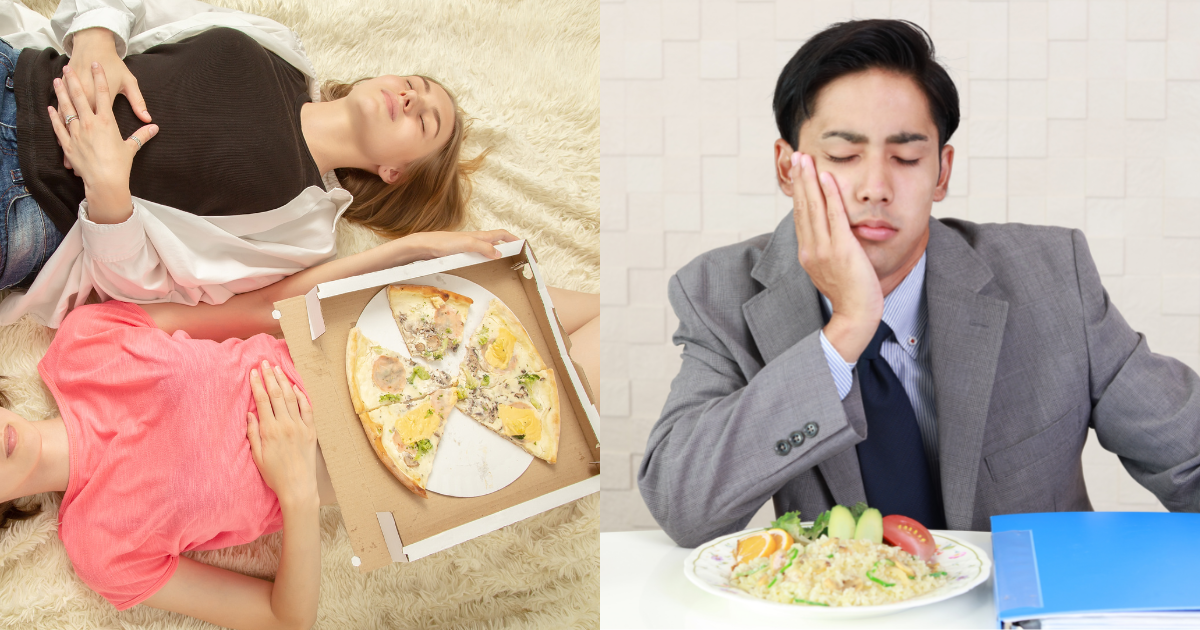 Two women overeat a box a pizza while a man has no appetite for his salad