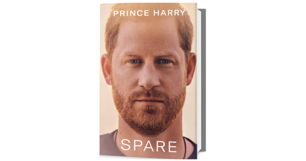 Cover of Prince Harry's memoir "SPARE," with a closeup of his face.