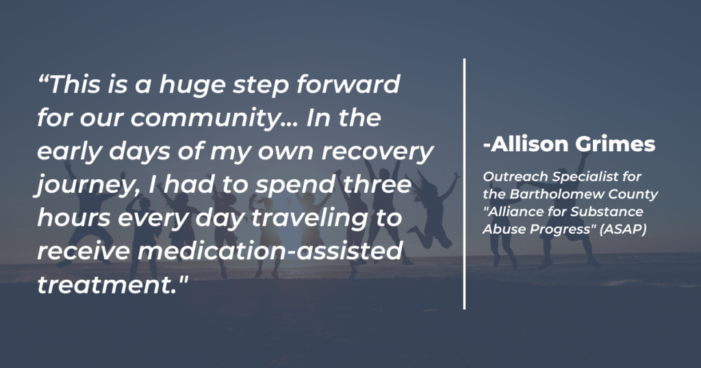 Bartholomew County Alliance for Substance Abuse Progress Outreach Worker Allison Grimes reacts to the passage of the Mainstreaming Addiction Treatment Act