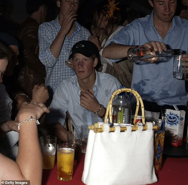 Prince Harry partying in 2004 at Guard Polo Club in a shirt soaked in alcohol.