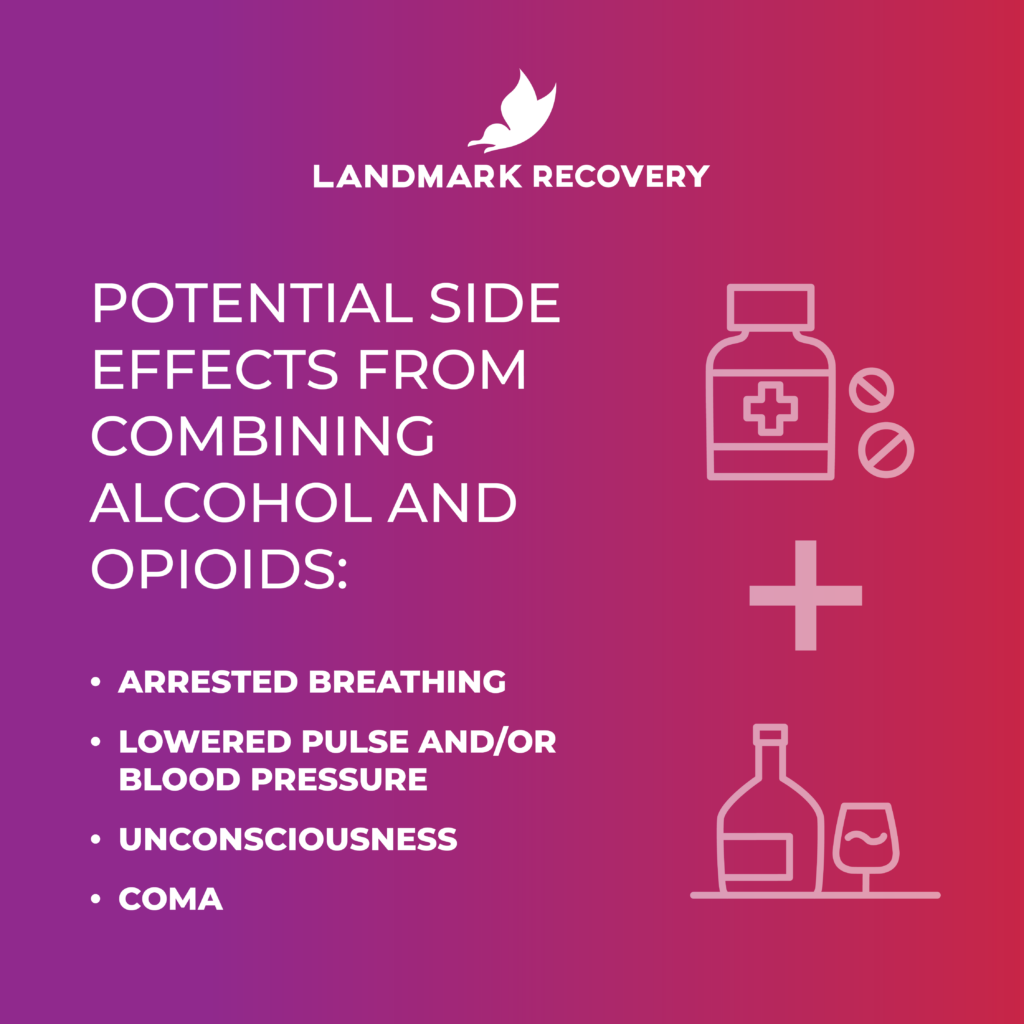 potential side effects from combining alcohol and opioids: arrested breathing, lowered pulse and/or blood pressure, unconsciousness, or coma