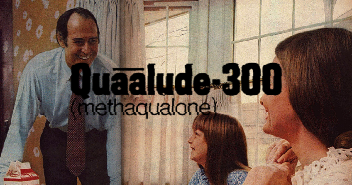 old quaaludes ad with family in the background deceptively smiling