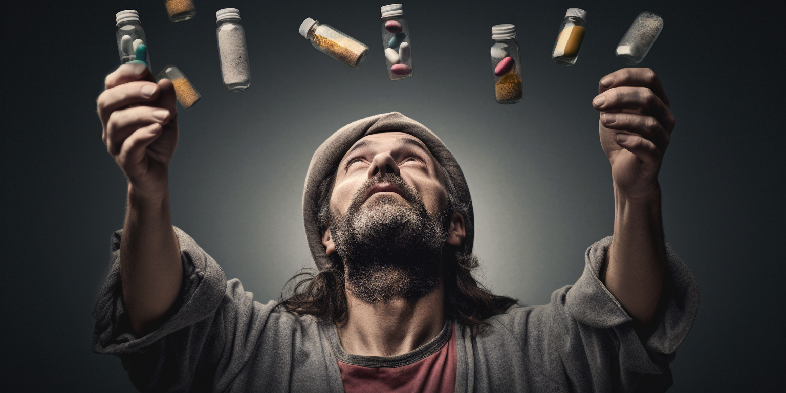 man suffering from polysubstance abuse looking upward at the myriad choices he has regarding drugs