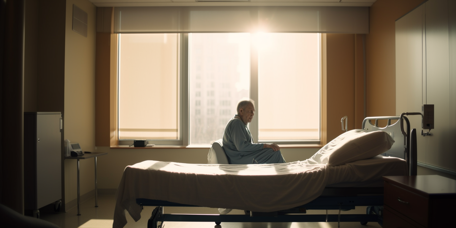 man sitting by hospital bed in the sun after waking from sleep