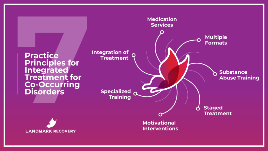7 practice principles for integrated treatment for co-occurring disorders, including medication services, specialized training, motivational interventions, staged treatment, substance abuse training and multiple formats