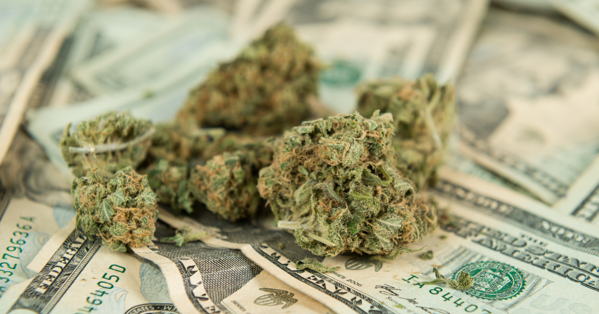Marijuana plants sit on top of money. Ohio house bill 168 has the potential to legalize marijuana.