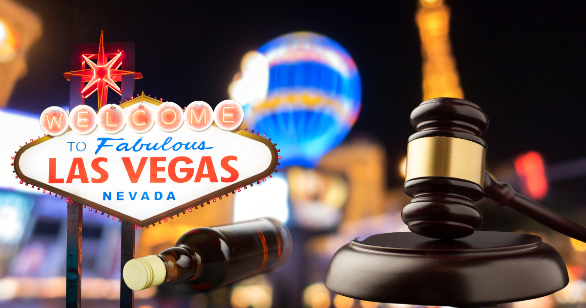 a picture shows the las vegas strip with a judge gavel and liquor bottle representing local liquor laws