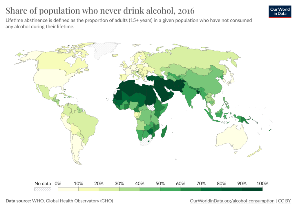 Share of population who never drink alcohol, 2016